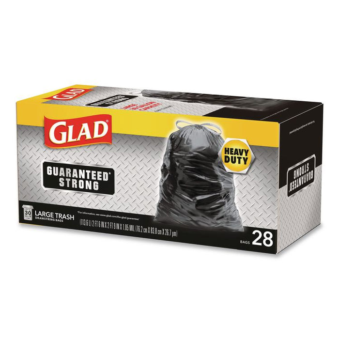 Guaranteed Strong Large Drawstring Trash Bags, Three-Ply, 30 gal, 1.05 mil, 30 x 33, Black, 28 Bags/Box, 6 Boxes/Carton