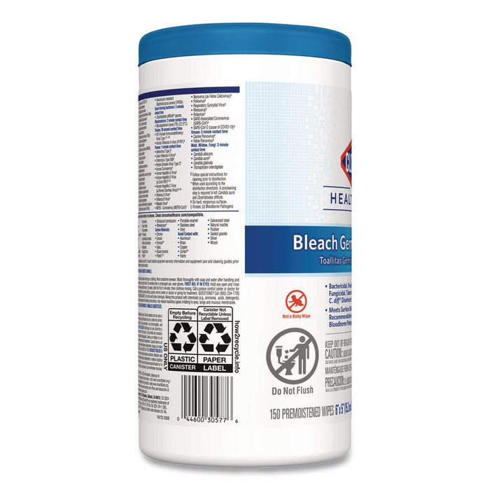 Bleach Germicidal Wipes, 1-Ply, 6 x 5, Unscented, White, 150/Canister, 6 Canisters/Carton