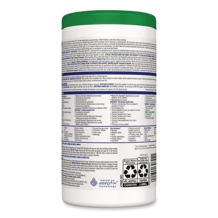 Hydrogen Peroxide Cleaner Disinfectant Wipes, 9 x 6.75, Unscented, White, 95/Canister, 6 Canisters/Carton