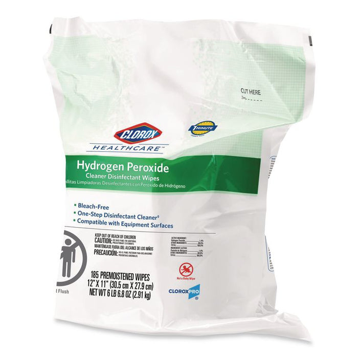 Hydrogen Peroxide Cleaner Disinfectant Wipes, 12 x 11, Unscented, White, 185/Pack, 2 Packs/Carton
