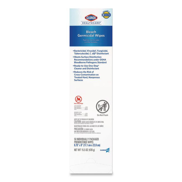 Bleach Germicidal Wipes, Individual Wipes, 1-Ply, 6.75 x 9, Unscented, White, 50/Box, 6 Boxes/Carton