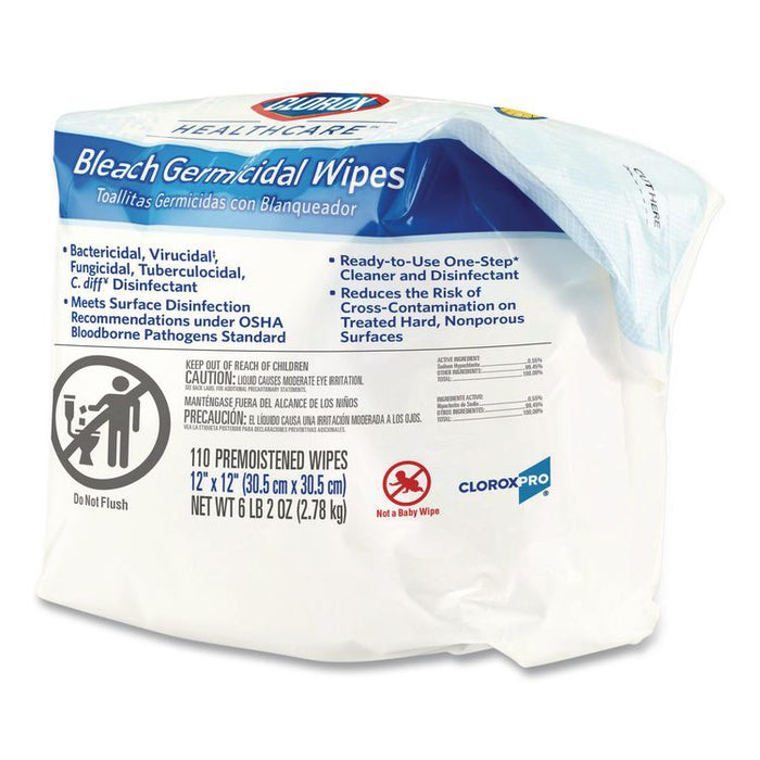 Bleach Germicidal Wipes, Refill for Bucket, 1-Ply, 12 x 12, Unscented, White, 110/Pouch