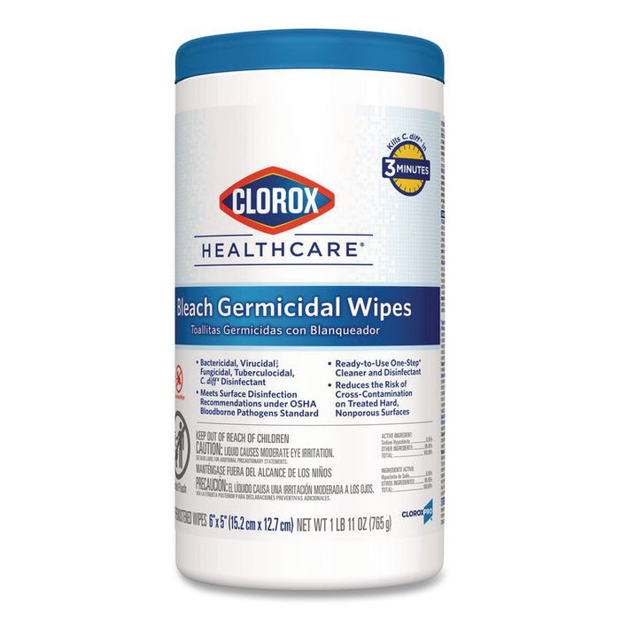 Bleach Germicidal Wipes, 1-Ply, 6 x 5, Unscented, White, 150/Canister