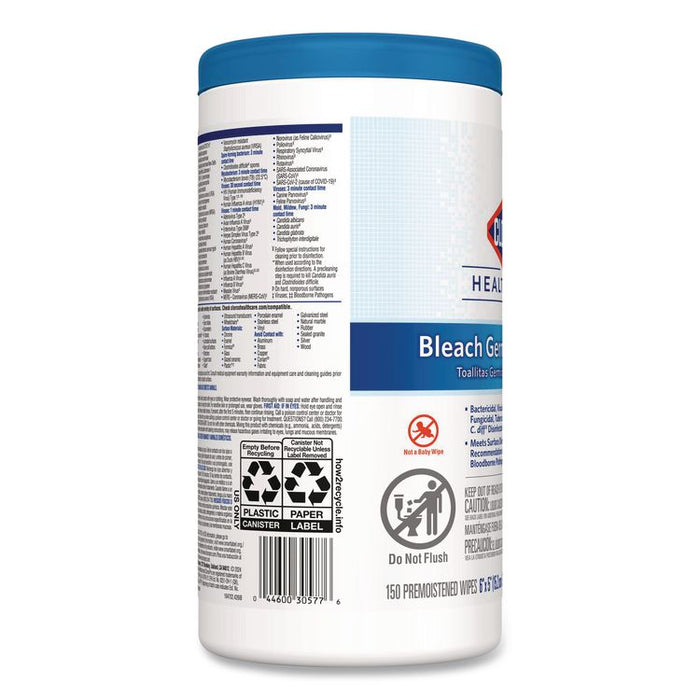 Bleach Germicidal Wipes, 1-Ply, 6 x 5, Unscented, White, 150/Canister