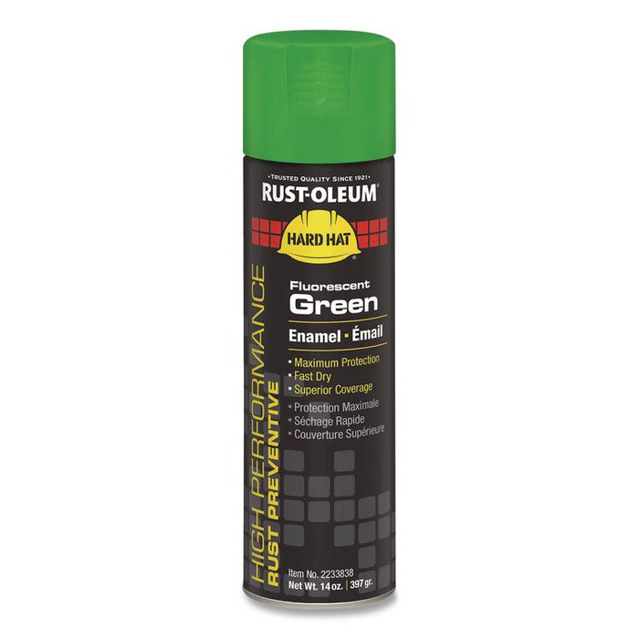 Hard Hat High Performance V2100 System Rust Preventive Enamel Spray Paint, Gloss Fluorescent Green, 15 oz Aerosol Can, 6/CT