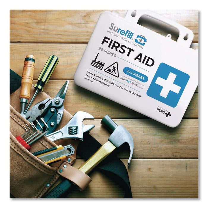 25 ANSI 2021 A+ First Aid Kit, 111 Pieces, Weatherproof Plastic Case