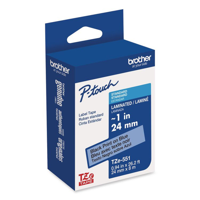 TZe Laminated Removable Label Tapes, 0.94" x 26.2 ft, Black on Blue