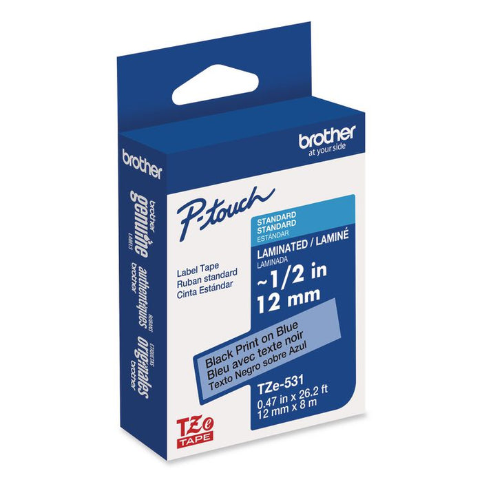 TZe Laminated Removable Label Tapes, 0.47" x 26.2 ft, Black on Blue