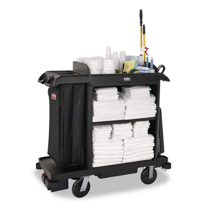 Compact Housekeeping Cart, Plastic, 3 Shelves 1 Bin, 23 x 53.12 x 19.1, Black