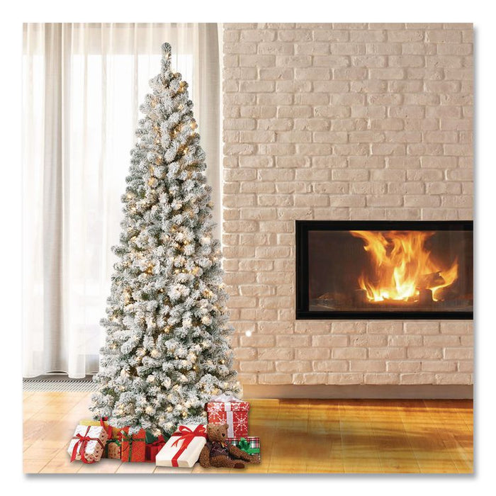 Pre-Lit Acacia Medium Flocked Tree, 34" x 34" x 89", Green Tree, Green Tree Stand