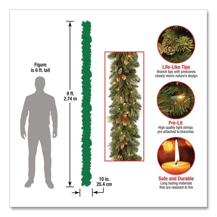 Pre-Lit Carolina Pine Garland, AC Powered, Clear Incandescent Lights, 108" Long, Green