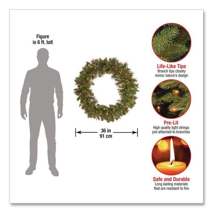 Pre-Lit Crestwood Spruce Wreath, AC Powered, Clear Incandescent Lights, 36" Diameter x 5"h, Green