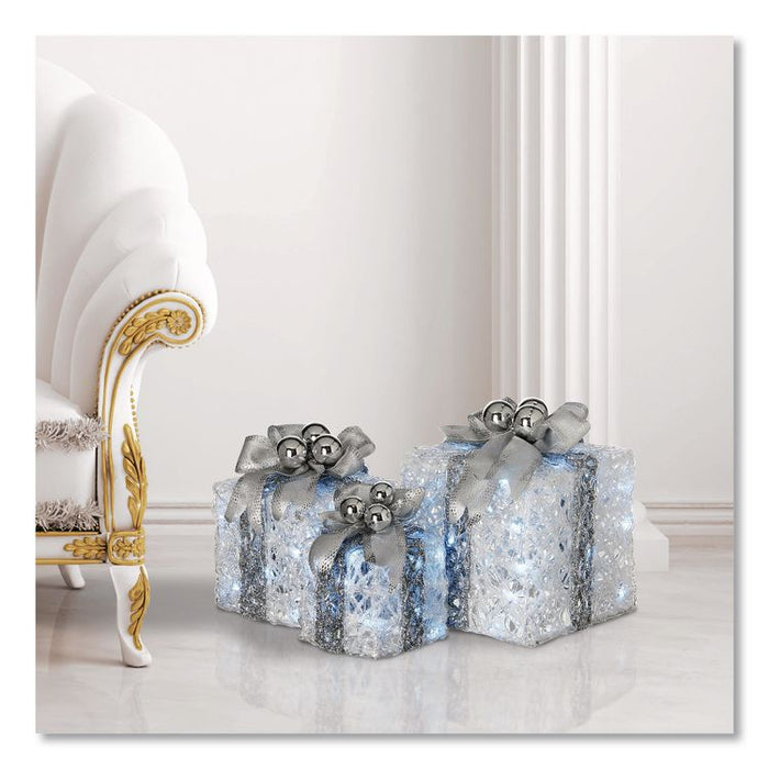 Pre-Lit Decorated White Gift Box Assortment, AC Powered, Cool White LED Lights, 8", 10", 12", White