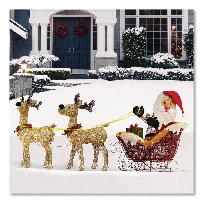 Santa and Reindeer, AC Powered, Warm White LED Lights, 11.25" x 30.75" x 33.5", Champagne