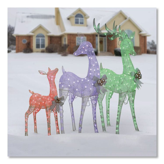 Mesh Glittered Deer Family, AC Powered, Blue/Green/Red/Yellow LED Lights, 27" x 8.5" x 60", White