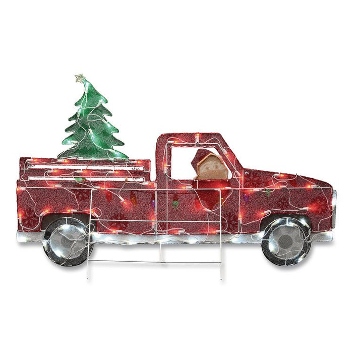 Pre-Lit Santa in Red Truck, AC Powered, Blue/Green/Red/Yellow LED Lights, 11" x 46" x 27", Red