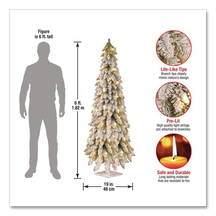 Pre-Lit Snowy Downswept Forest Slim Tree, 19" x 19" x 60", Green Tree, White Square Metal Plate