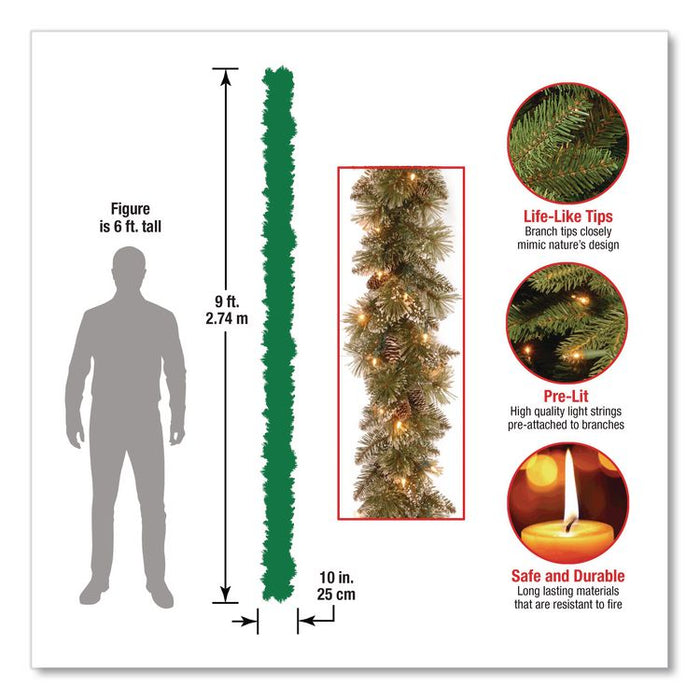 Pre-Lit Glittery Bristle Pine Garland, AC Powered, Clear Incandescent Lights, 108" Long, Green