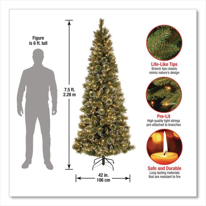 Pre-Lit Glittery Bristle Slim Tree, 42" x 42" x 90", Green Tree, Green Tree Stand