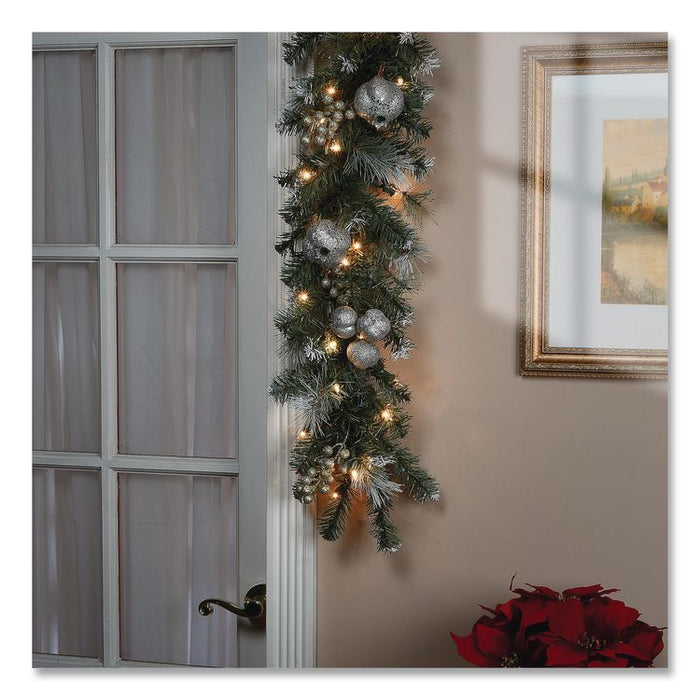 Pre-Lit Glittery Pine Pomegranate Garland, AC Powered, Clear Incandescent Lights, 108" Long, Green