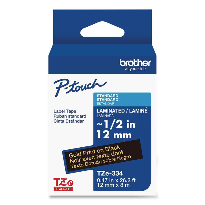 TZe Standard Adhesive Laminated Labeling Tape, 0.47" x 26.2 ft, Gold on Black