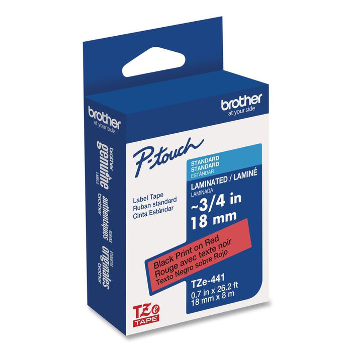 TZe Standard Adhesive Laminated Labeling Tape, 0.7" x 26.2 ft, Black on Red