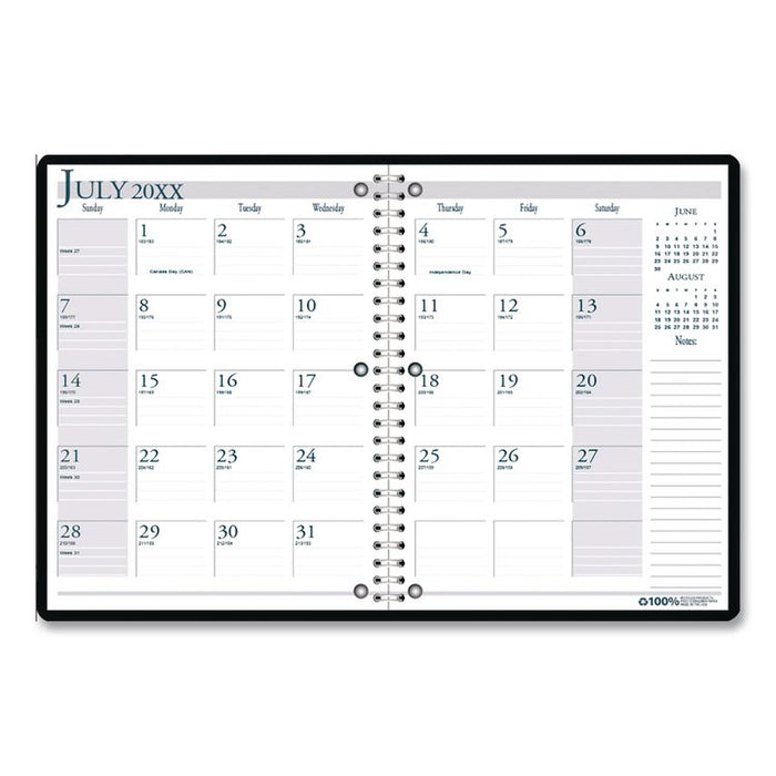 Recycled Three-Hole Punched Wirebound Academic Monthly Planner, 11 x 8.5, Black Cover, 14-Month: July 2025 to Aug 2026