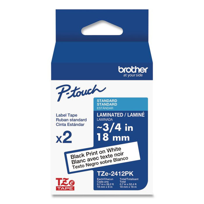 TZe Standard Adhesive Laminated Labeling Tape, 0.7" x 26.2 ft, Black on White, 2/Pack