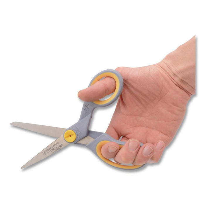 Titanium Bonded Scissors, 8" Long, 3.5" Cut Length, Straight Gray/Yellow Handle