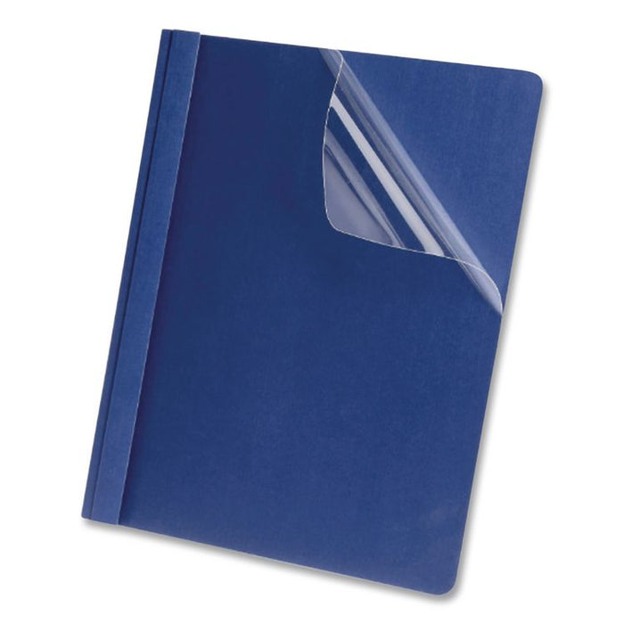 Clear Front Linen Report Cover, Three-Prong Fastener, 0.5" Capacity, 8.5 x 11, Clear/Navy, 25/Box