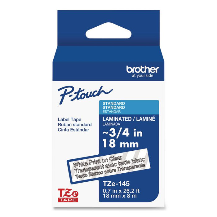 TZe Standard Adhesive Laminated Labeling Tape, 0.7" x 26.2 ft, White on Clear