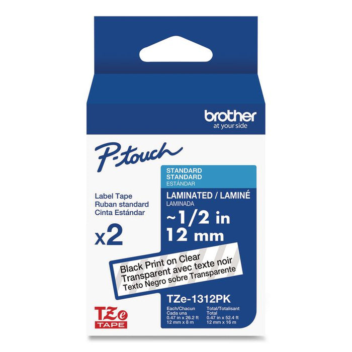 TZe Standard Adhesive Laminated Labeling Tapes, 0.47" x 26.2 ft, Black on Clear, 2/Pack