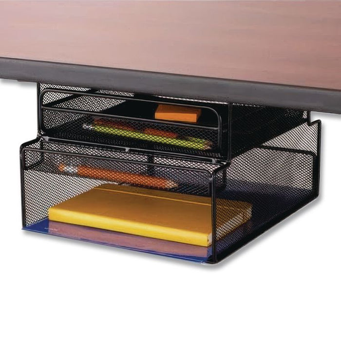Onyx Hanging Organizer with Drawer, Under Desk Mount, 3 Compartments, Steel Mesh, 12.33 x 10 x 7.25, Black