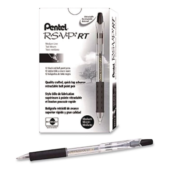 R.S.V.P. RT Ballpoint Pen, Retractable, Medium 1 mm, Black Ink, Clear Barrel, Dozen