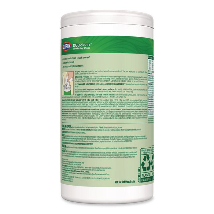 CloroxPro EcoClean Disinfecting Wipes, 1-Ply, 7 x 8, Unscented, White, 3/Carton