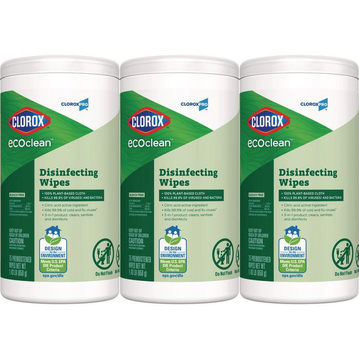 CloroxPro EcoClean Disinfecting Wipes, 1-Ply, 7 x 8, Unscented, White, 3/Carton