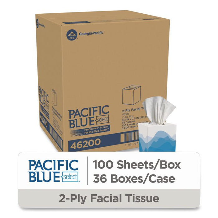 Pacific Blue Select Cube Box Facial Tissue, 2-Ply, White, 100 Sheets/Box, 36 Boxes/Carton