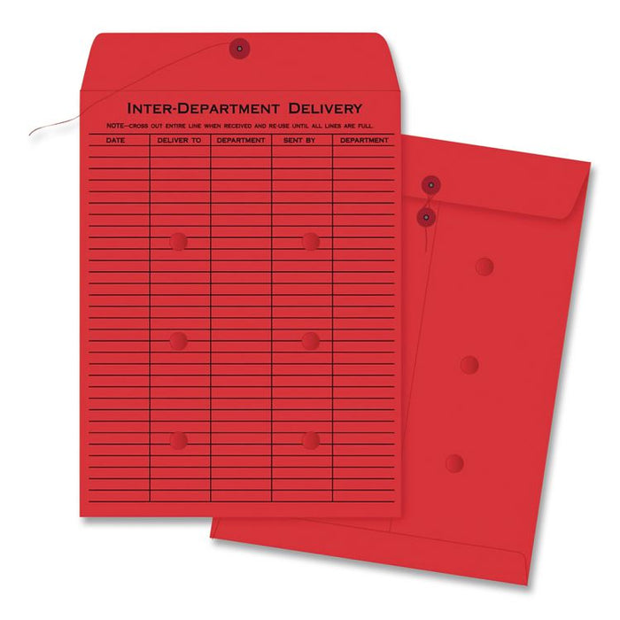 Colored Paper String and Button Interoffice Envelope, #97, One-Sided Five-Column Format, 10 x 13, Red, 100/Box