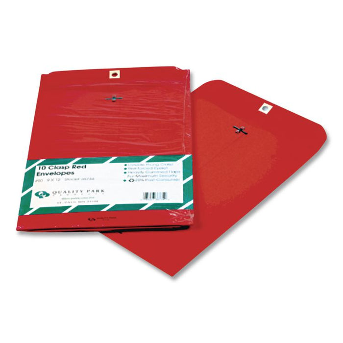 Clasp Envelope, 28 lb Bond Weight Paper, #90, Square Flap, Clasp/Gummed Closure, 9 x 12, Red, 10/Pack