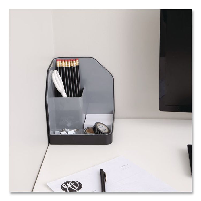 Fusion Plastic Corner Desktop Supplies Organizer, 2 Compartments, 6.67 x 7.4 x 6.67, Gray/Black, Plastic