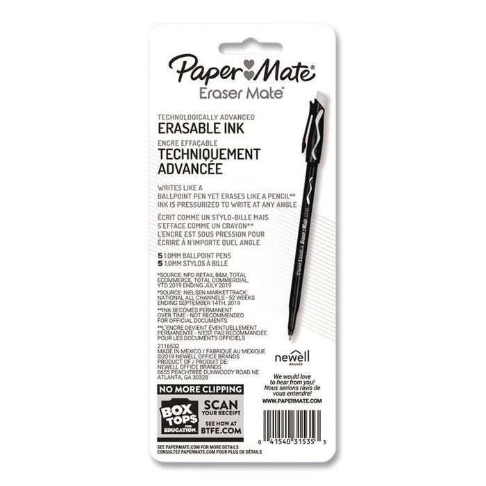 Eraser Mate Ballpoint Pen, Stick, Medium 1 mm, Blue Ink, Blue Barrel, 5/Pack