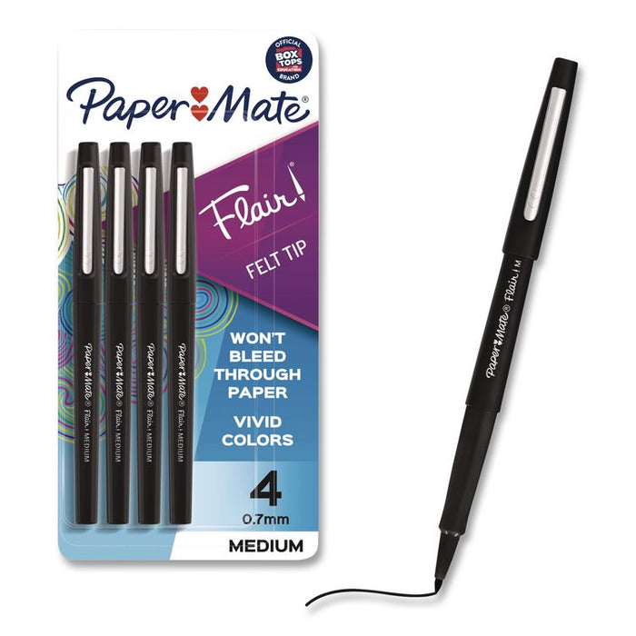 Flair Felt Tip Porous Point Pen, Stick, Medium 0.7 mm, Black Ink, Black Barrel, 4/Pack