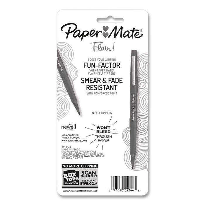 Flair Felt Tip Porous Point Pen, Stick, Medium 0.7 mm, Black Ink, Black Barrel, 4/Pack
