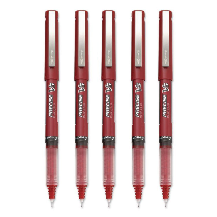 Precise V5 Rollerball Pen, Stick, Extra-Fine 0.5 mm, Red Ink, Red/Clear Barrel, 5/Pack