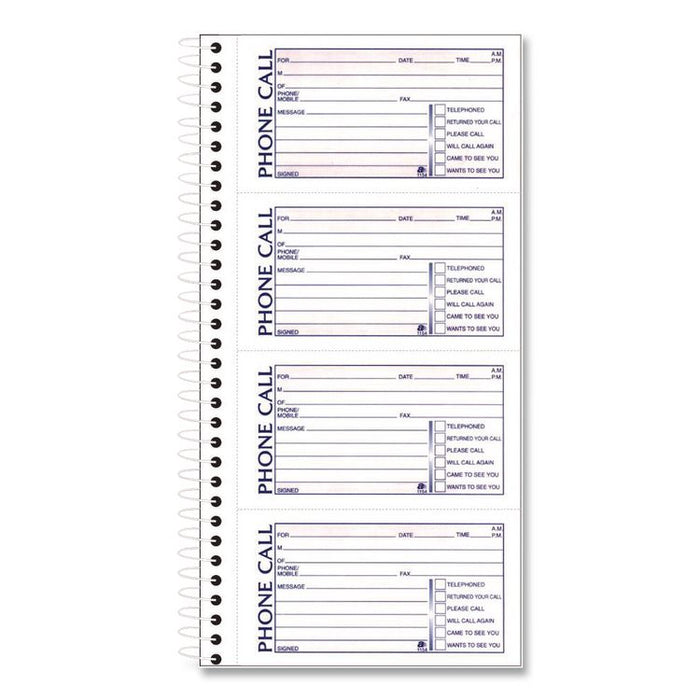 Wirebound Telephone Message Book, Two-Part Carbonless, 4.75 x 2.5, 4 Forms/Sheet, 400 Forms Total, 2/Pack