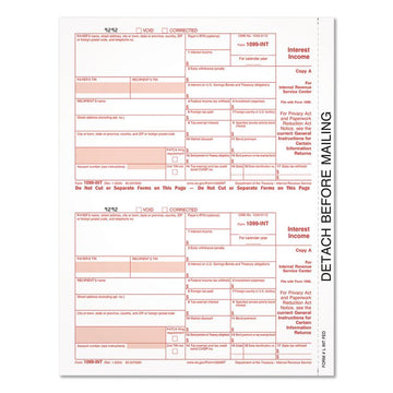 2024 1099 INT Interest Income Tax Form, 2 Forms/Sheet, 50 Forms Total