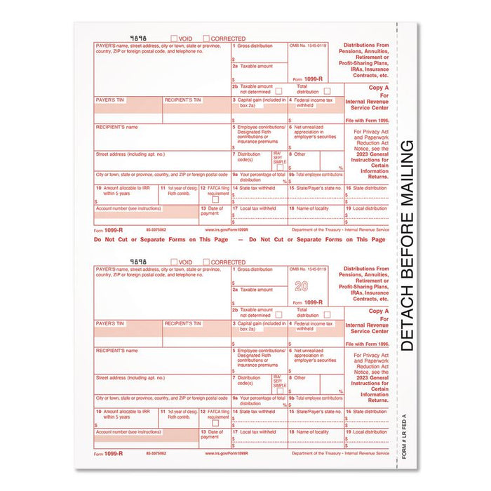 2023 1099-R Tax Form, 1 Part, Federal Copy, 2 Forms/Sheet, 50 Forms Total