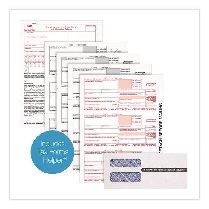 2024 1099-NEC 4-Part Laser/Inkjet Tax Forms with Envelopes and Software, 8.5 x 3.66, 3 Forms/Sheet, 50 Forms Total