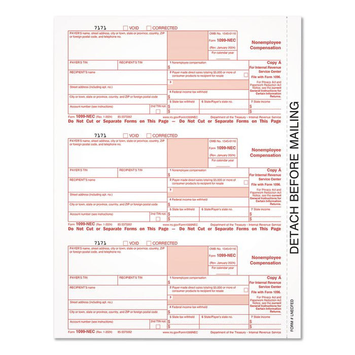 2024 1099-NEC Copy A Laser/Inkjet Tax Forms, 8.5 x 11.5, 3 Forms/Page, 150 Forms/Sheet