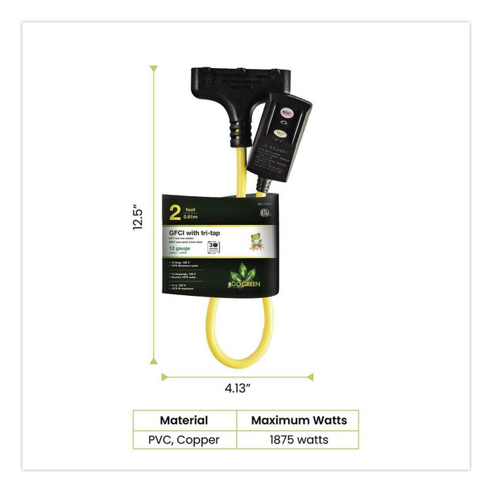 Portable Tri-Tap with GFCI, 3 Outlets, 2 ft Cord, Yellow